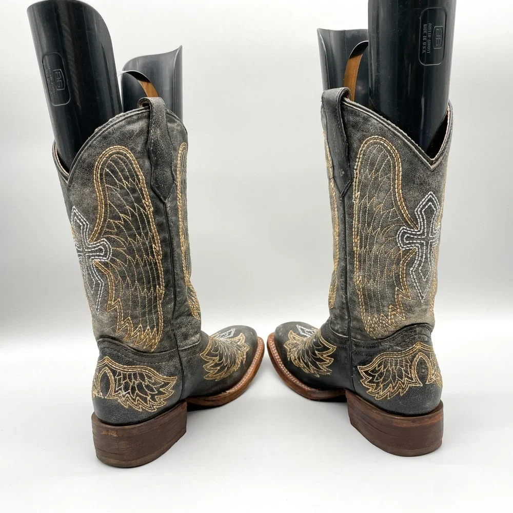 Corral Teen Girls Size 4.5 Distressed Black Leather Wing Cross Western Boots